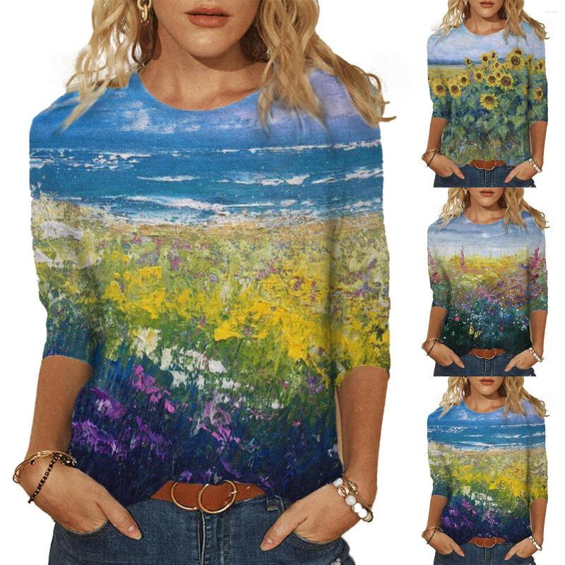 

Women' Blouses Womens Daily Summer Print O Neck Tops Long Sleeve Round Tee Shirt Printed Flower Loose Side Split Blouse Tunic, Blue