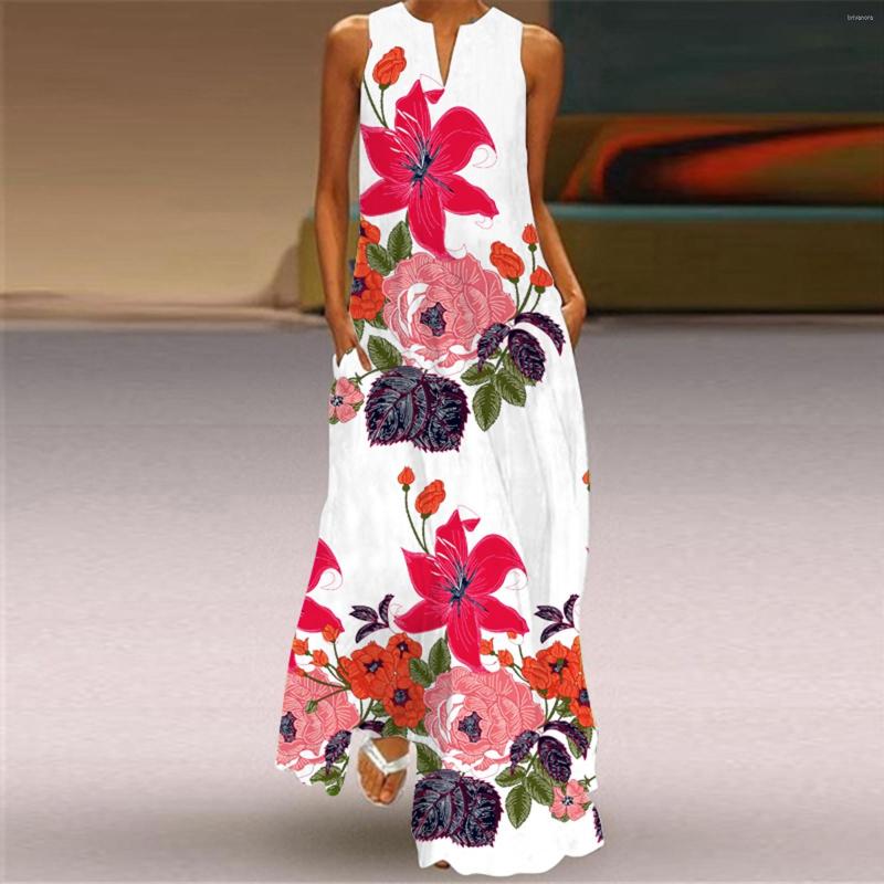 

Casual Dresses Sexy 3D Rose Printed Maxi For Women Summer Ladies Sleeveless V-neck Print Retro Dress Women' Clothing Robe Femme, White