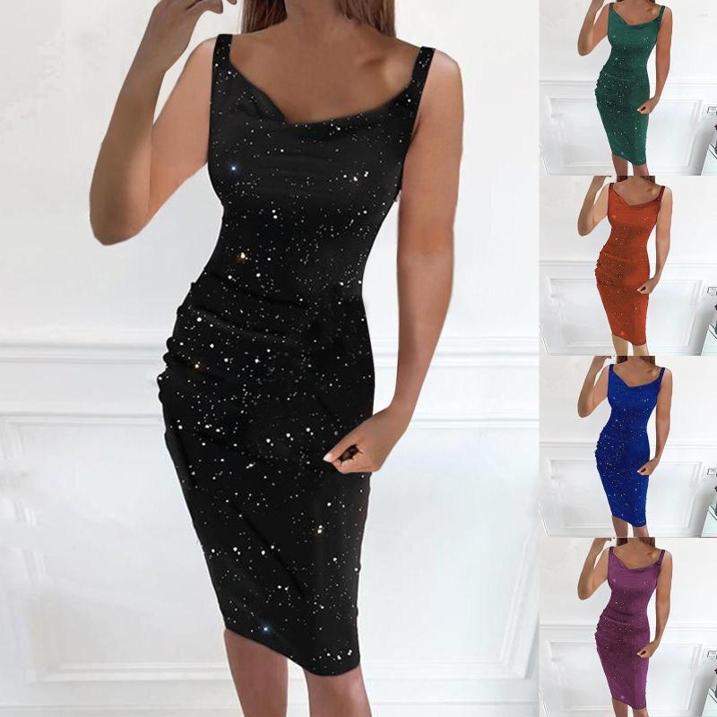 

Casual Dresses Sexy V Neck Sequin Sling Dress Elegant Ladies Sleeveless Evening Night Party Gown Solid Color Slim Fit Vestidos, Blue