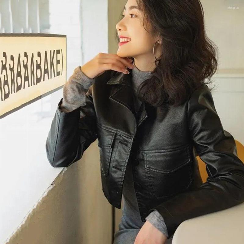 

Women' Leather Korean Slim Women' Jacket High Waist Cropped Jackets Elegant Chic Female Faux Locomotive Coat Ladies 2023, Black