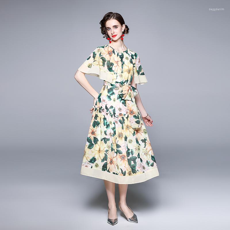 

Party Dresses JSXDHK Runway Summer Holiday Boho Dress Elegant Women's Flower Print Yellow Chiffon O Neck Ladies Lace Up Belt Long