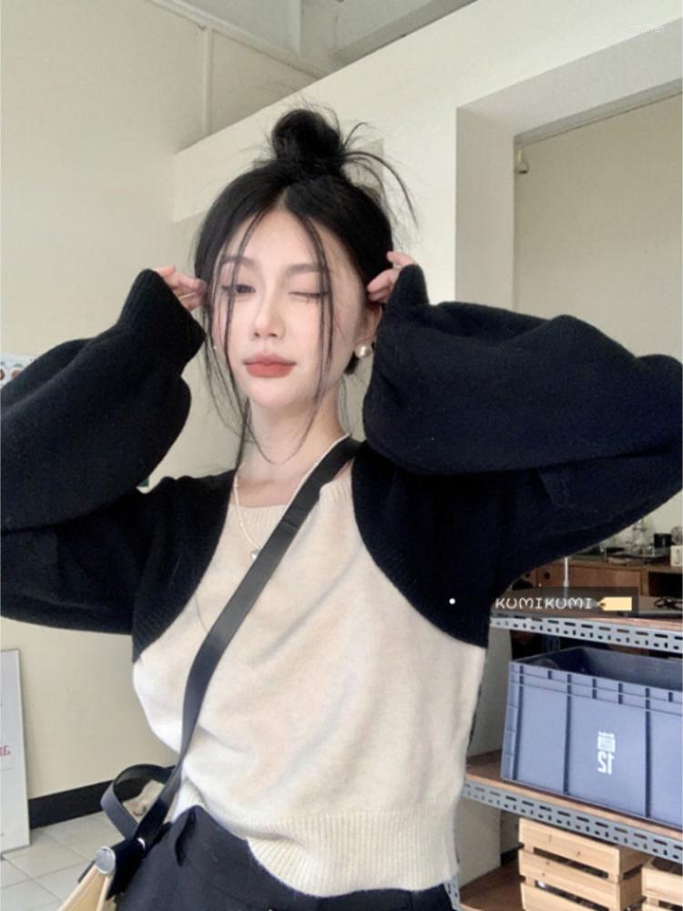 

Women's Sweaters Korobov Y2k Clothes Autumn Vintage Fake Two Piece Knitting Crop Top Contrast Color Slim Chic Pullovers Korean Fashion, Black