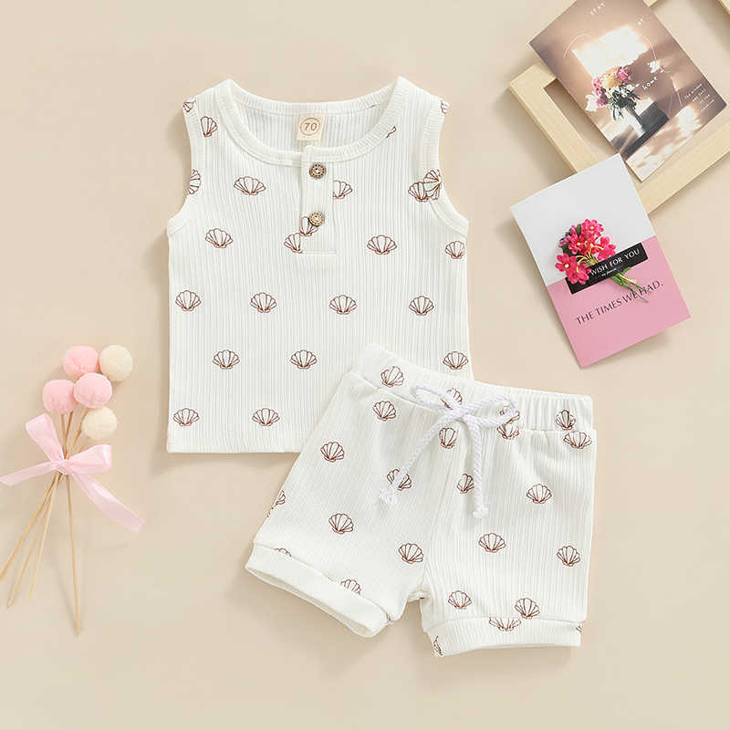 

Sets Unisex Newborn Baby Summer Suit Clothes Shell Print Sleeveless Tops Elastic Shorts Ribbed Cotton Casual Toddler Clothing, White