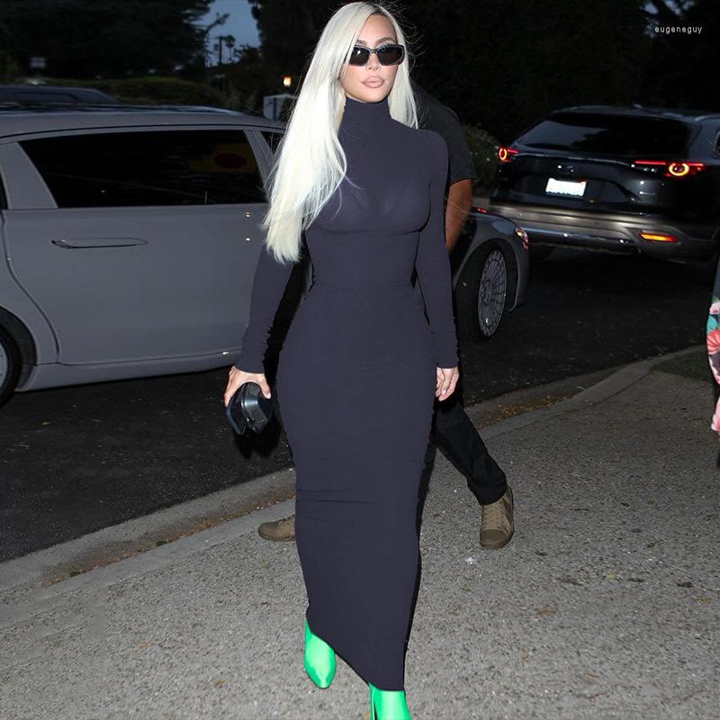 

Casual Dresses 2023 Fall Solid Women Maxi Dress Turtleneck Long Sleeve All Matching Bodycon Robe, Black