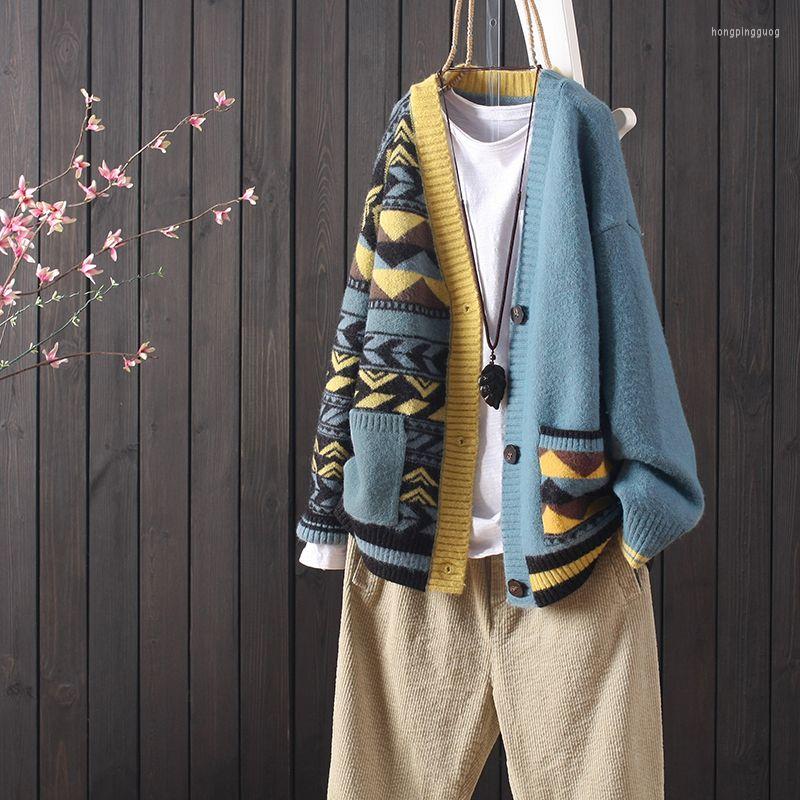 

Women's Knits Autumn Winter Women Vintage Cardigans Sweaters Streetwear Fashion Long Sleeve V-Neck Pockets Geometric Casual Knitted Coats, Black