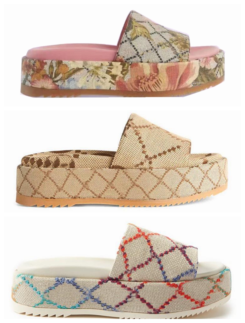 

23ss Womens Flora print canvas Platform Slide Sandals Women Designer Luxury 55mm Chunky Heel Fashion slippers, Cross