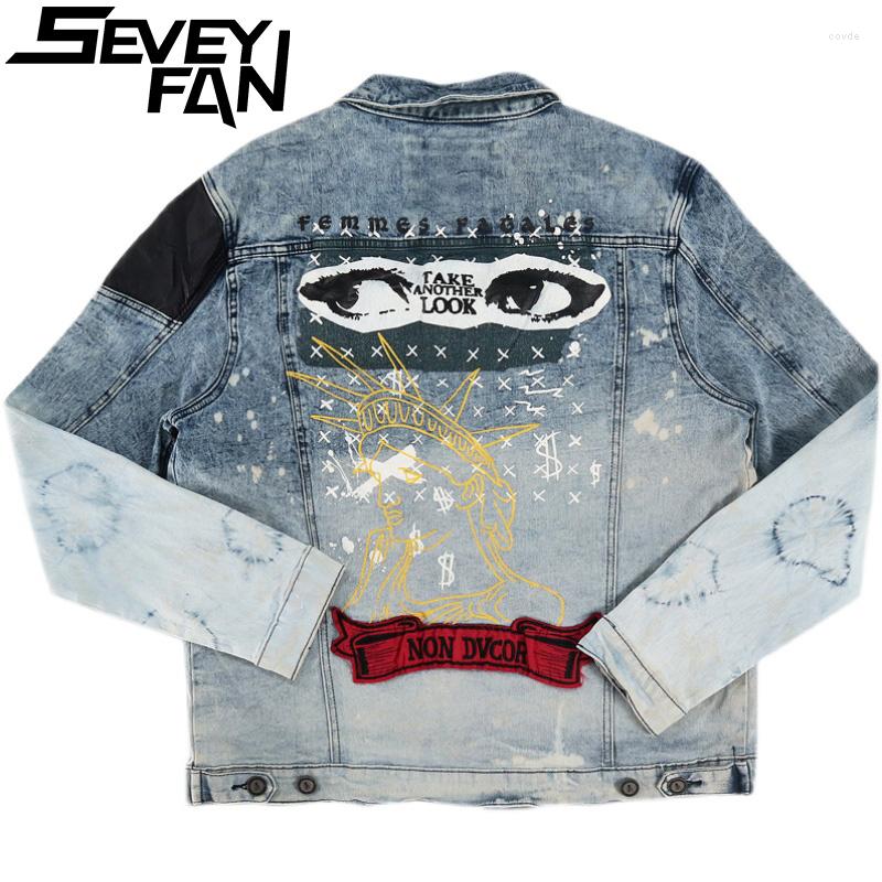 

Men' Jackets SEVEYFAN Men' Jeans Jacket Hip Hop Heavy Industry Printing Embroidery Patchwork Denim Hi Street Rock Coats For Male, Picture shown