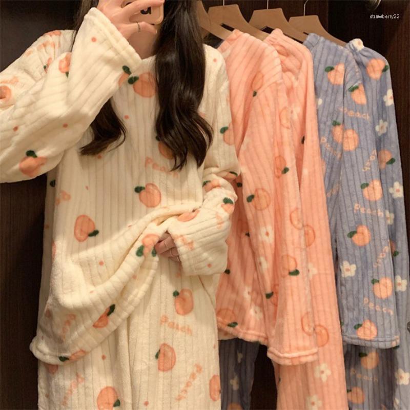 

Women's Sleepwear Women Pyjamas Sets Warm Autumn Winter Flannel Thick Homewear Long Sleeve Cartoon Female Girl Nightwear, Peach apricot