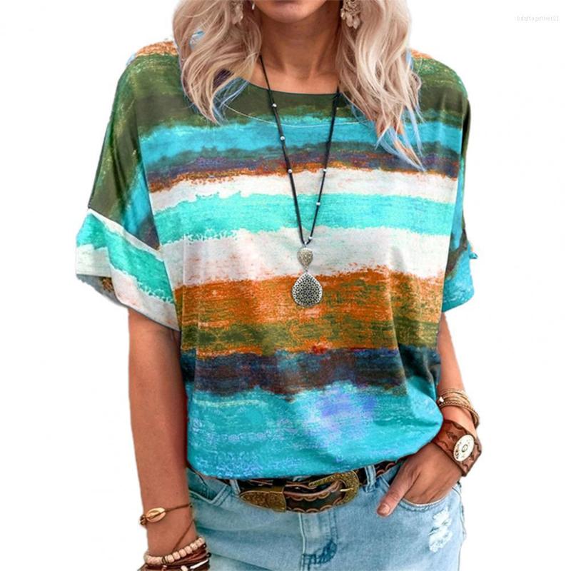 

Women's T Shirts Women Blouse Contrast Color Print Summer Loose Round Neck T-shirt For Party, Blue