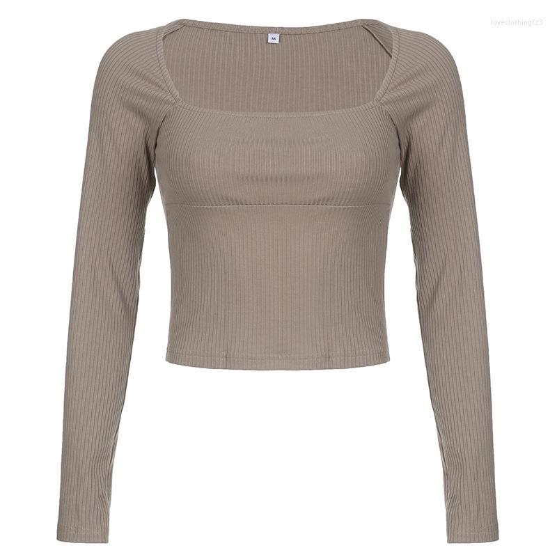 

Women' T Shirts Basic Square Collar Long Sleeve Shirt Y2k Women' Clothes Khaki Ribbed Knitted Top Fall Winter Casual Tees