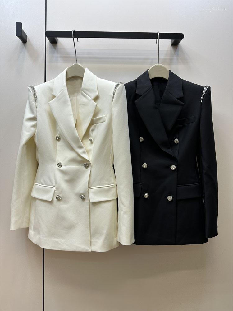 

Women' Suits Women Single Breasted Shoulder Bead Blazer Crystal Drill Button Coat Vintage With Pockets Long Sleeve Female Outerwear Chic, 02