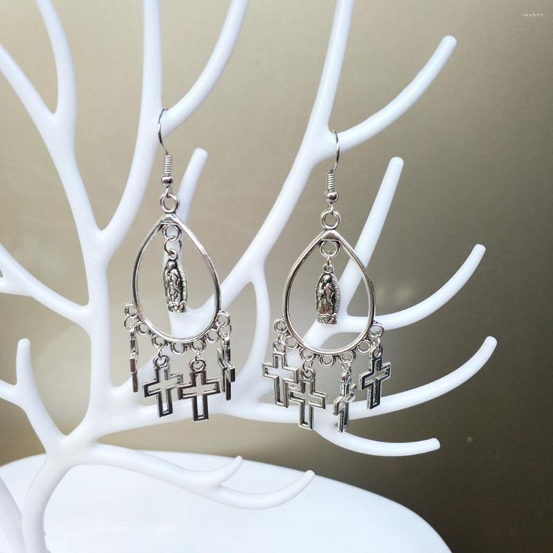 

Dangle Earrings Exaggerate Hollow Cross Pendant Drop Metal Our Lady Virgin Mary Hook Women Vintage Jewelry Accessories