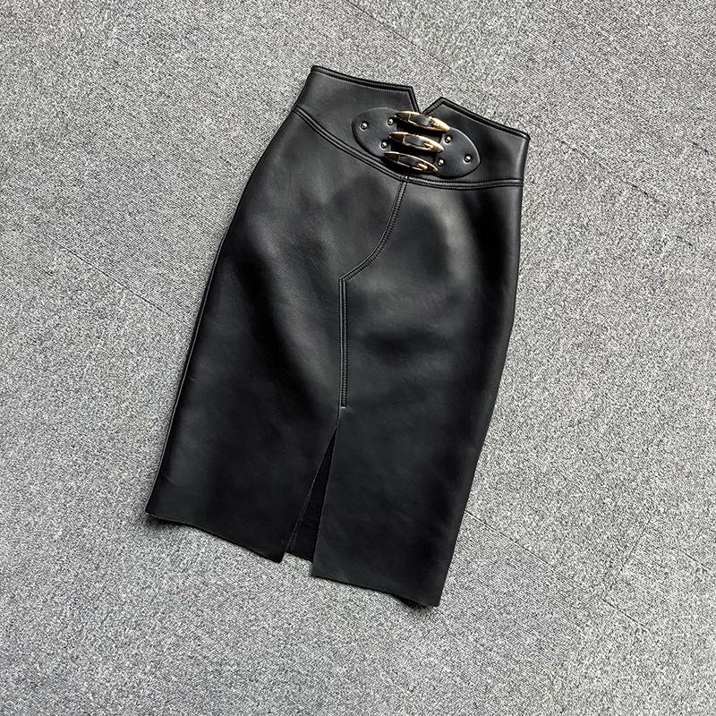 

Skirts Genuine Leather Women's Skirt Female Spring/Autumn Sheepskin High Waist Slit Wrap Hip Jupe Light Familiar Style Slim Saia Midi, Black