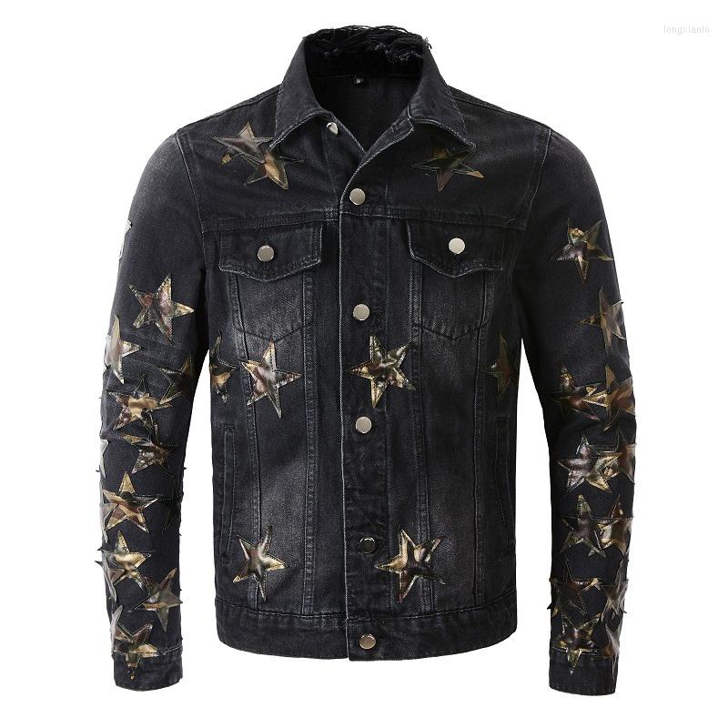 

Men's Jackets Men Leather Camouflage Print Stars Patch Denim Jacket Slim Fit Ripped Black Cotton Coat Casual Streetwear Outerwear