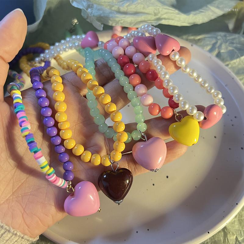 

Choker Korea Sweet Rainbow Color Heart Pendant For Women Girls Pearl Beaded Clavicle Link Neon Necklaces Jewelry Gifts Party