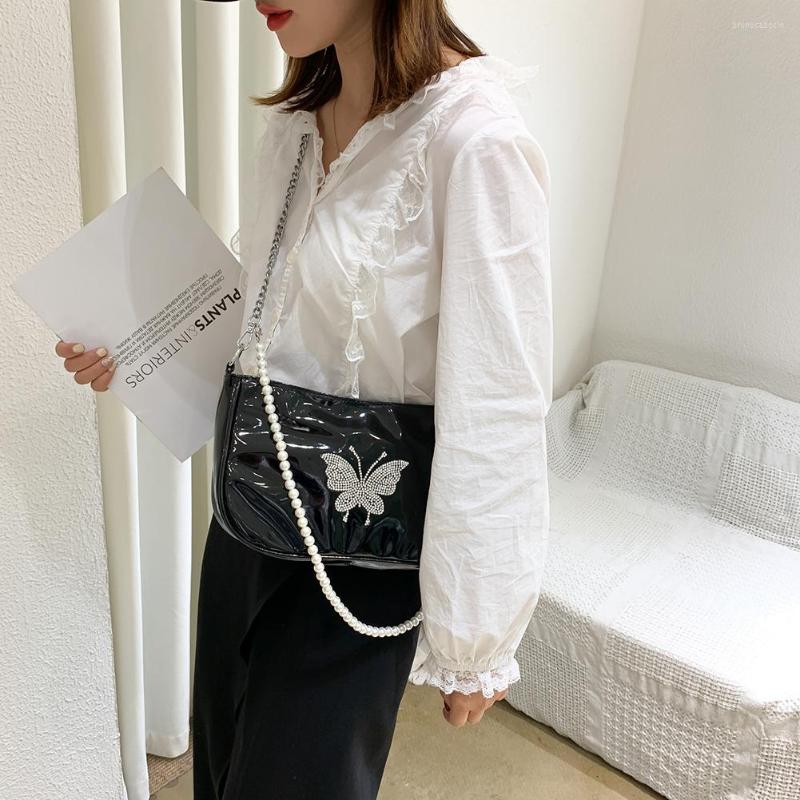 

Evening Bags Fashion Butterfly Rhinestones Handbag PU Leather Shoulder Bag Chain Women Pearl Elegant Crossbody, Picture shown