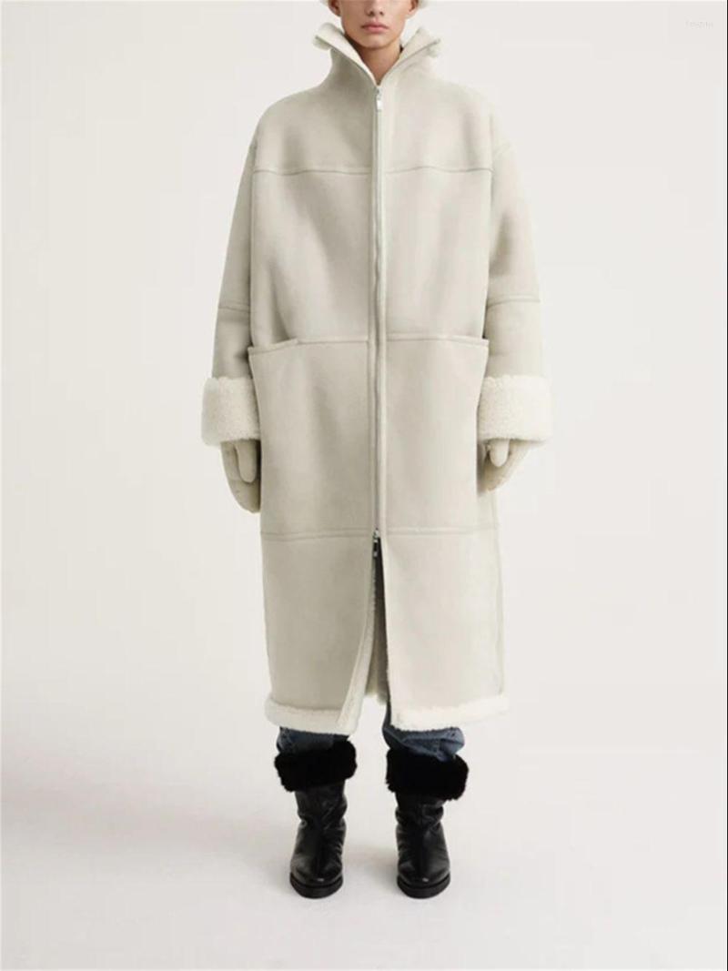 

Women's Fur Women Silhouette Mid-Length Coat Environment-Friendly Zipper Turn-down Collar Warm Winter 2023 Loose Female Jacket