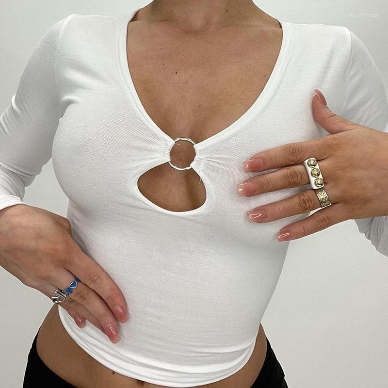 

Women' T Shirts Sexy Women' Spring Slim Crop Tops Solid Color Long Sleeve U-Neck Front Cutout Metal Ring Show Navel T-Shirts, Black