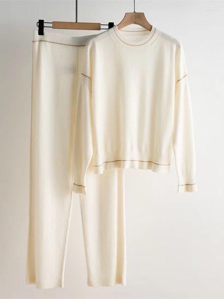 

Women' Two Piece Pants Cashmere Knit Suit Women' Elastic Waist Straight Loose Long Or Round Neck Long-sleeved Simple Sweater For, White