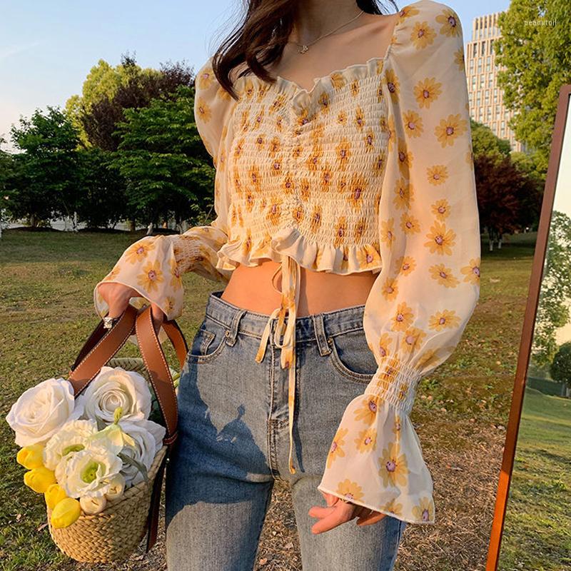 

Women's T Shirts Casual Floral Print Short Pleated Chiffon Blouse Tops Women Fashion Square Collar Blouses Shirt Crop, Yellow