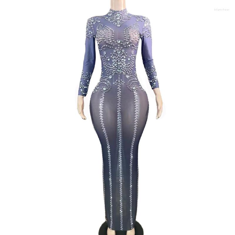 

Stage Wear Sexy Sparkly Rhinestones Dress Women See Through Evening Prom Celebrate Gown Birthday Mesh Transparent Singer