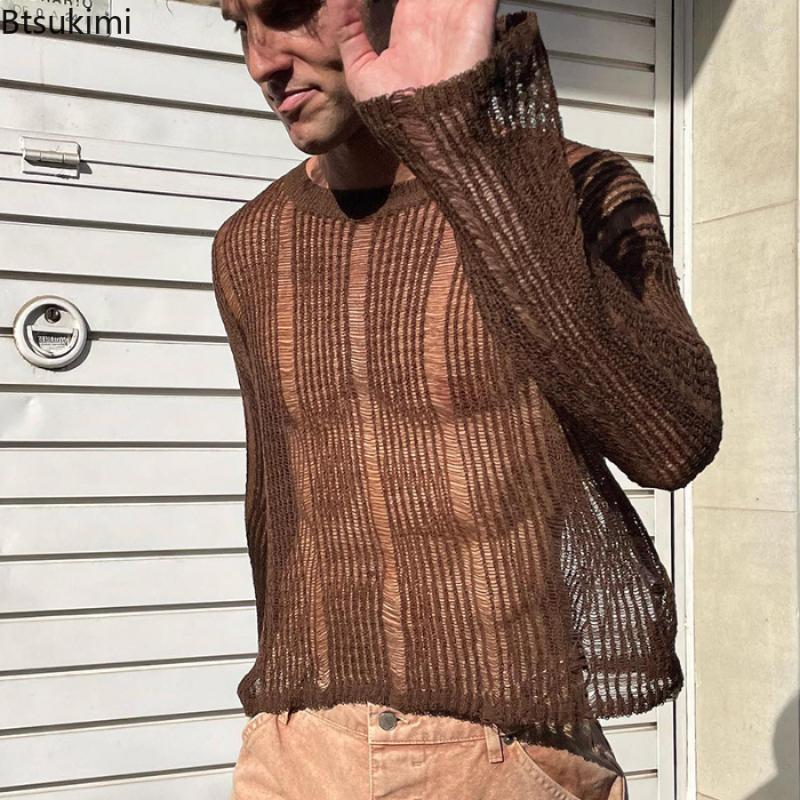 

Men's T Shirts 2023 Spring Autumn Men's Sexy Hollow Mesh Knit T-shirts Streetwear Pullovers Solid Long Sleeve Crew Neck Tees Mens, Brown