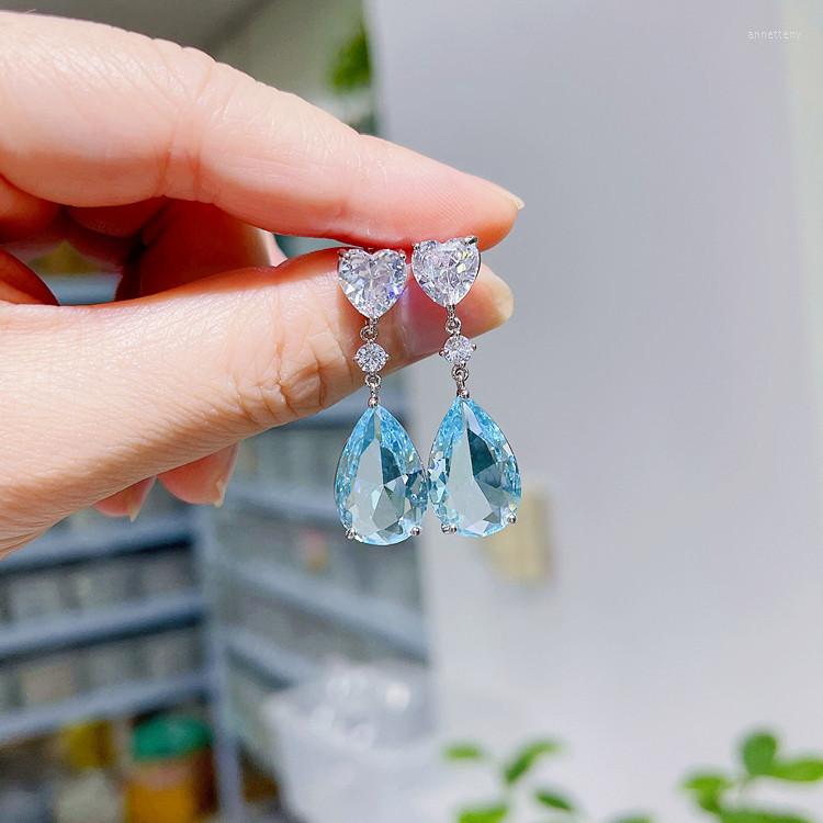 

Dangle Earrings Retro Light Sea Blue Color Treasure Crystal Zircon Summer S925 Silver Ear Needles Luxury Water Drop
