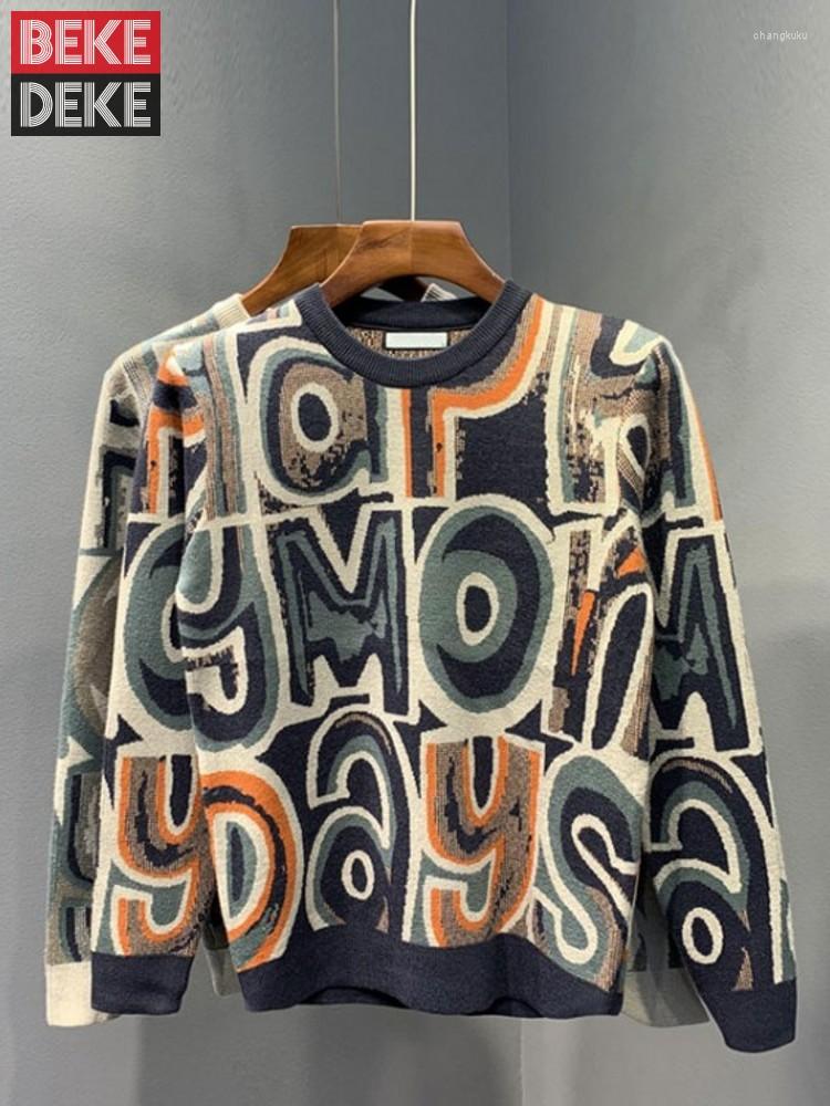 

Men's Sweaters Fashion Men Autumn Colorful Letters Printed Sweater Top O Neck Long Sleeve Casual Knitwear Man Slim Fit Knitted Pullover