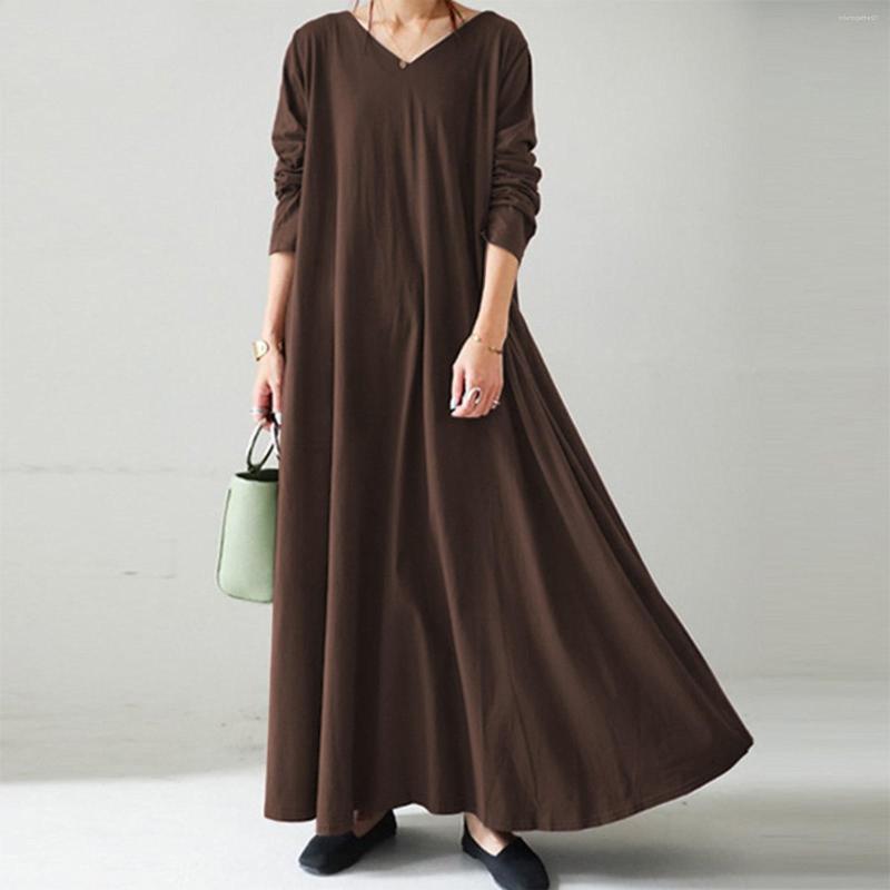 

Casual Dresses Women V Neck Maxi Dress Solid Long Sleeves High Waist, Black