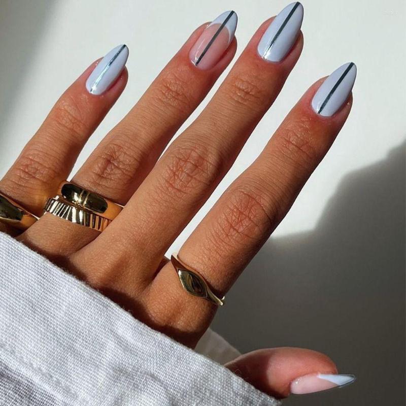 

False Nails 24pcs Detachable Manicure Press On Full Cover Fake Long Almond Blue Silver Line