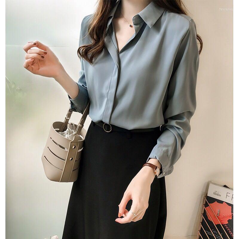 

Women's Blouses Spring Women Fashion Solid Plus Size Female Clothes Loose Shirt Long Sleeve Blouse Simple OL Feminine Blusa, Blue