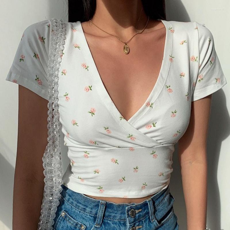 

Women's T Shirts Y2K Vintage Floral Cross Crop Top T-shirt Ladies Cropped Slim Short Sleeve V-neck Sexy Summer Clothes Tee Shirt Femme Woman, White