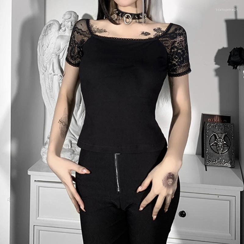 

Women' T Shirts 2023 Fashion Women Lace Patchwork Crop Top Gothic Sexy Girl Short Sleeve Crew Neck Slim Fit T-Shirt Exposed Navel Tee, Black