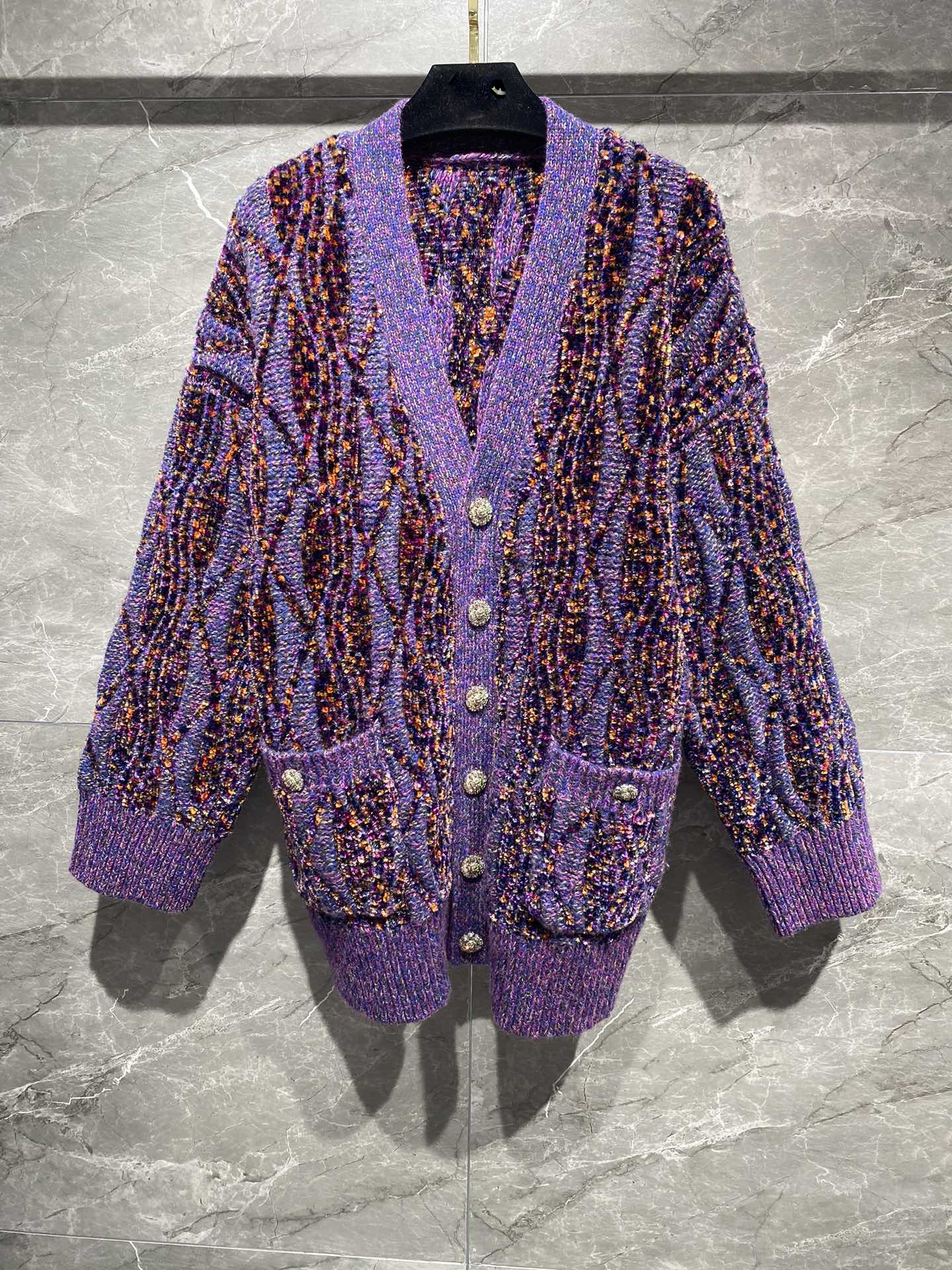 

2023 Women's Sweaters V-neck long sleeve Purple tweed cardigan