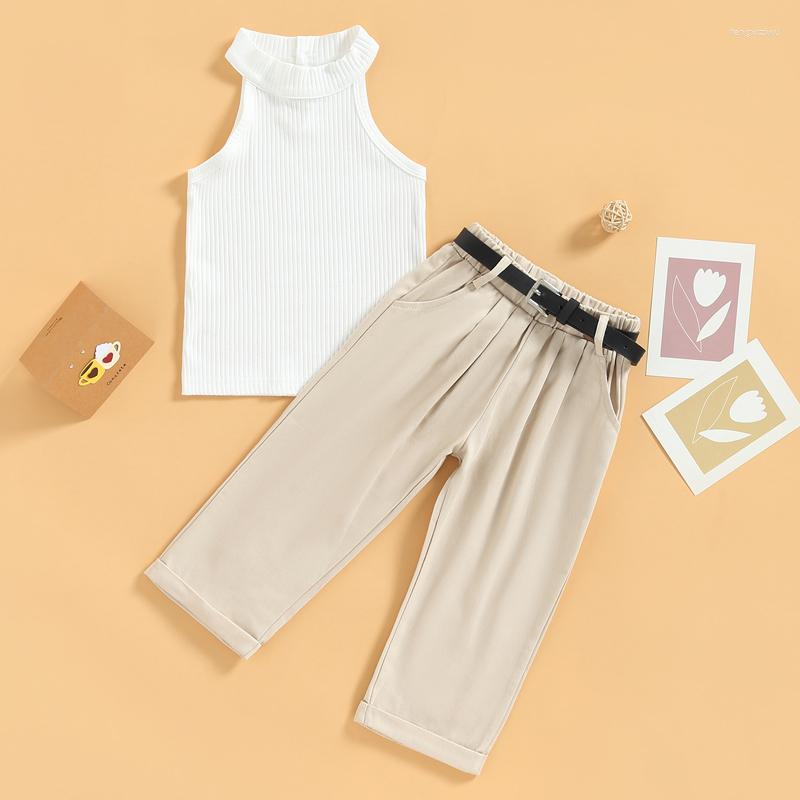 

Clothing Sets Kids Baby Girls Summer Outfit Children Solid Color Ribbed Sleeveless Tank Tops And Stretch Casual Pants With Belt Set, Picture shown