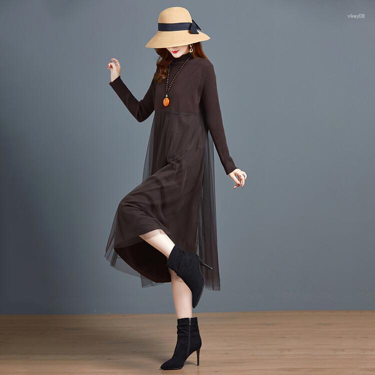 

Casual Dresses 2023 Women Long Knitted Dress Autumn Winter Lady Sleeve Net-Patchwork, Black