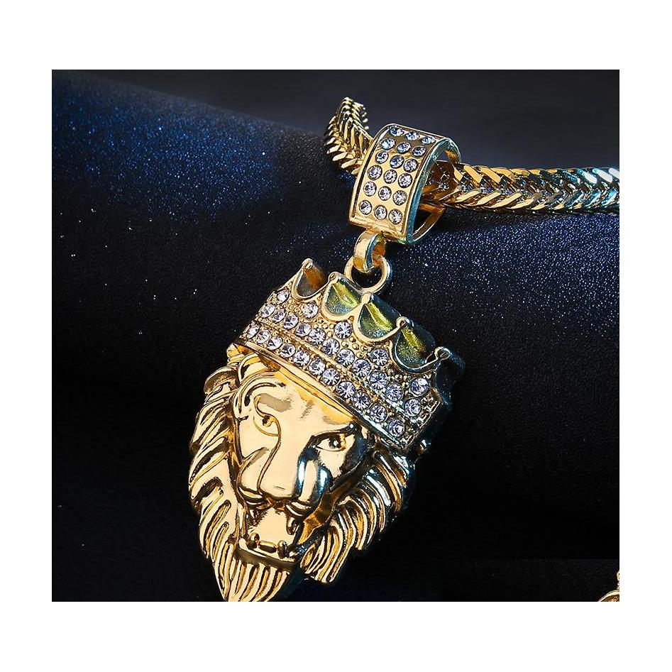 

Pendant Necklaces Iced Out Chain Rhinestone An Crown Lion Tag Necklace Gold Jewelry Bling Hip Hop Drop Delivery Pendants Dhsa9