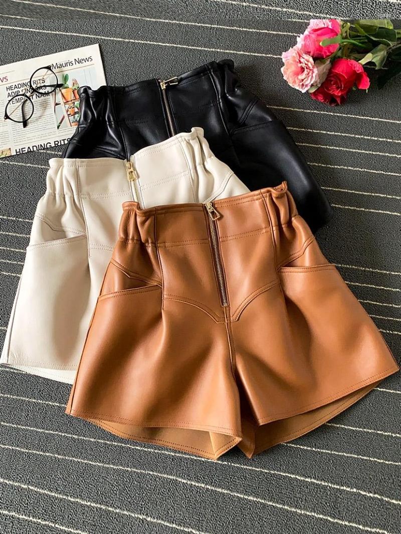 

Women' Shorts ZDFURS 2023 Winter Fashion Genuine Leather Wide Leg Pants High Waist A- Line Loose Women' Casual, Orange