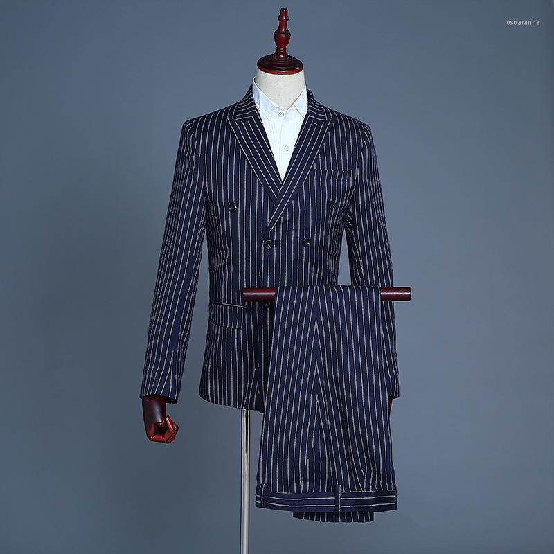 

Men' Suits 2023 Men Flip-up Suit Male Navy Blue Three Piece Stripe Blazer Nightclub Bar Singers Stage Show Dress Jacket Pants Costumes, Picture shown