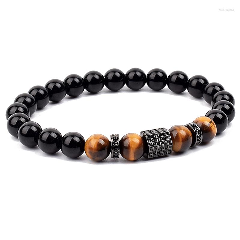 

Strand Natural Black Obsidian Tiger Eye Beads Bracelets Men Women Pave Cubic Zircon Charm Accessories Jewelry Bangle Elastic Bracelet