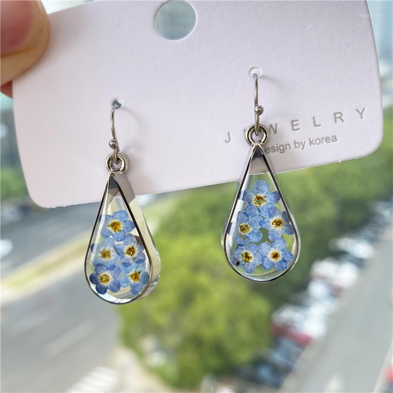 

Dangle Earrings 2023 Flower Cute Blue Natural Real Earring For Women Elegant Epoxy Resin Dried Rose Flowers Jewelry Girls