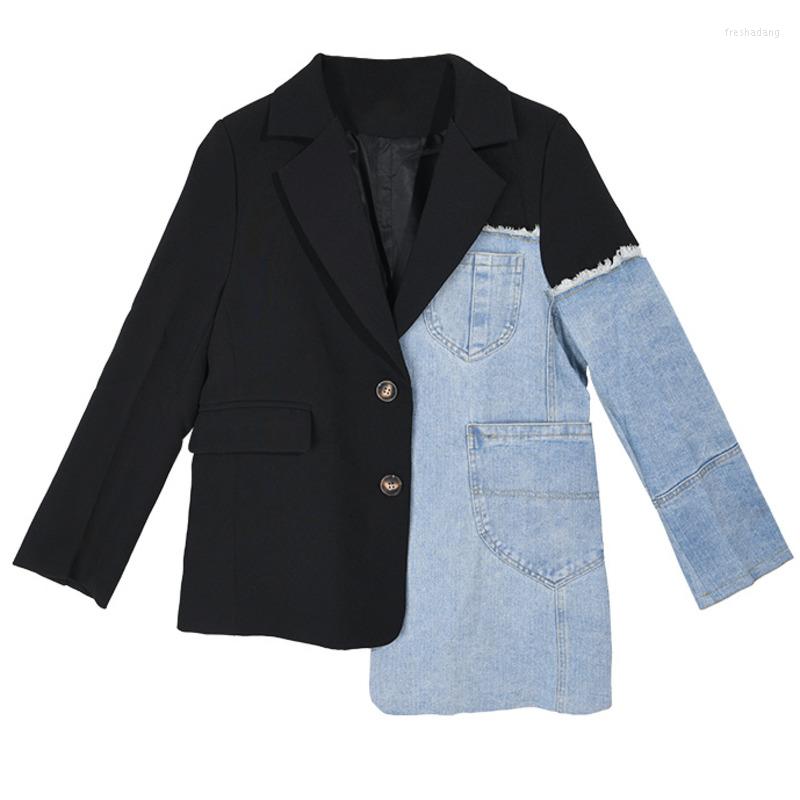 

Women' Jackets Women Vintage Fashion Blazer Denim Patchwork 2023 Autumn Winter Irregular Coat Long Sleeve Loose Korean Outerwear, Picture color