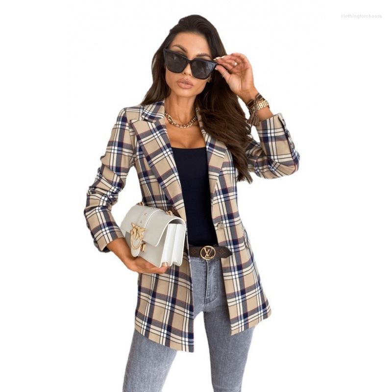 

Women' Suits Blazer Women Fashionable Slim-Fit Single Button Plaid Printed For Women' Suit, Blue