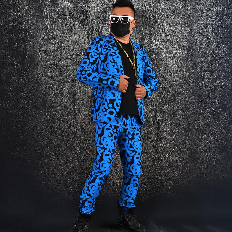 

Men's Suits Men Sets Jacket Pant Male Slim Fit Print Casual Blue Coat Trousers Costume Singer Dancer Fashion Stage Clothing