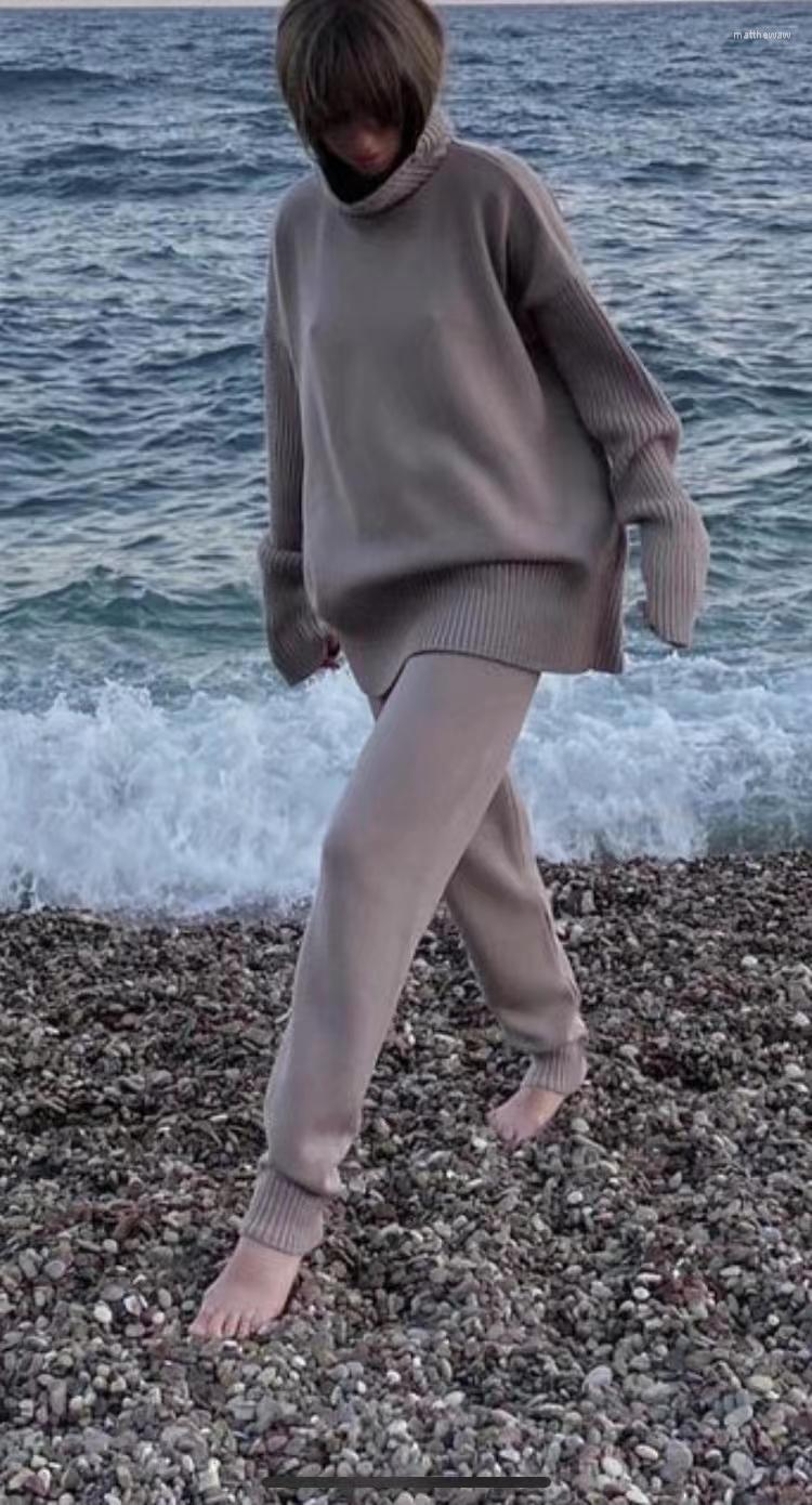

Women' Two Piece Pants Turtleneck Sweater Cashmere Suit 2023 45% 30% Wool Pure Color Warm And 2-Piece Set, Beige