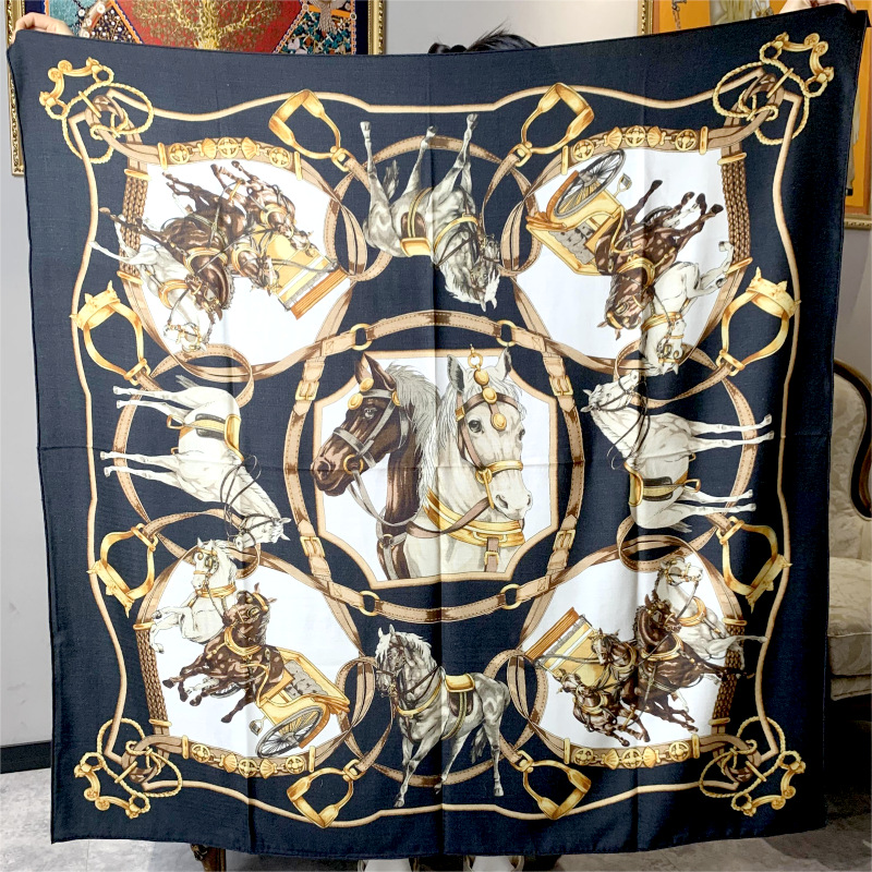 

High-end double-sided colorful horse silk scarf female wool square multi-purpose scarf shawl