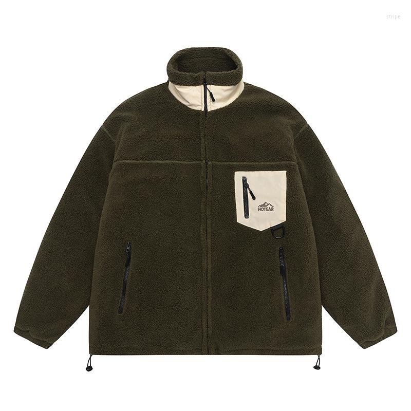 

Men's Jackets Cashmere Men's Lamb Patchwork Color Drawstring Cotton Outdoor Sportwear Fleece Cargo Jacket Sweatpant Coat, Black