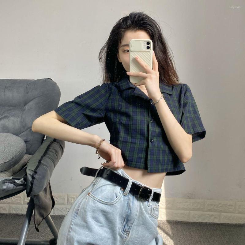 

Women' Blouses Plaid Short-sleeved Shirt Female 2023 Summer Korean Design Sense Niche Retro High-waisted Slim Cropped Short Top, Picture color