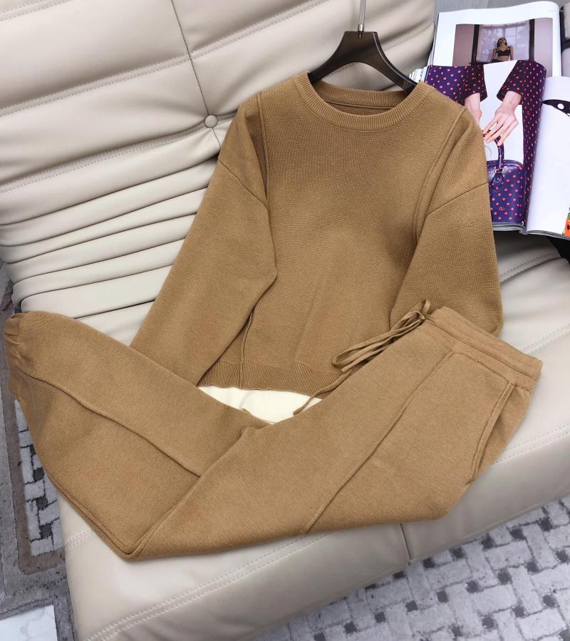 

Women' Two Piece Pants 2023 Women' Fashion Casual Suit Knitted Round Neck Long-sleeved Top Elastic Waist Trousers 2-piece Set 1206