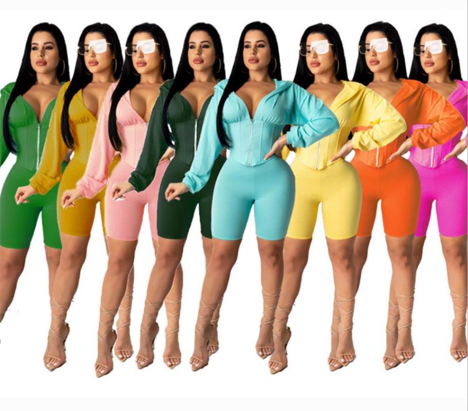

Women' Tracksuits Women Sport Yoga Outfits 2023 Autumn Long Sleeves Hooded Neck Zipper Tops Skinny Bodycon Shorts Nightclub Real Images, Blue